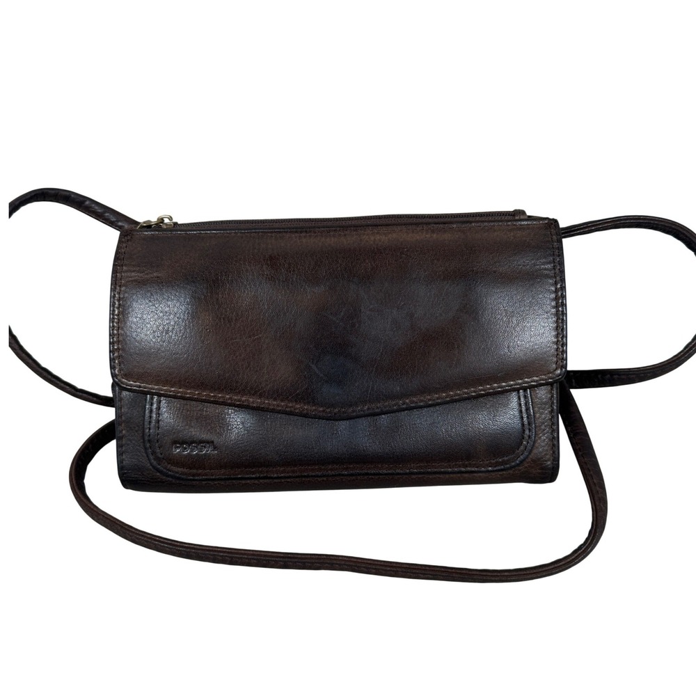 Fossil Vintage Dark‎ Brown Leather Crossbody Wallet Organiser Bag Purse 90s Mini